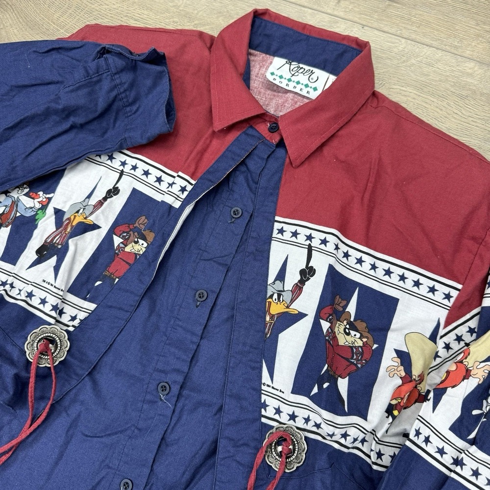 VTG Roper Border Looney Tunes Women's Button Down Shirt Sz M Cowgirl Country Rod
